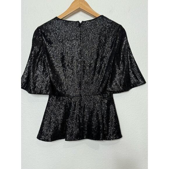Rachel Zoe Top Sequin Peplum Short Flutter Sleeve Black Size 0 NEW - Picture 2 of 10